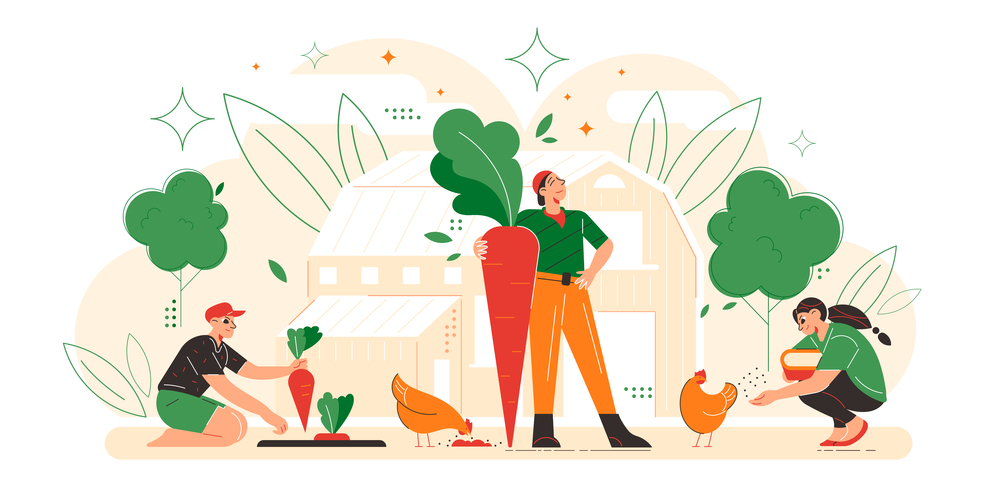 Farmer family flat composition with harvesting father holding huge carrot mother feeding chicks daughter farmhouse background vector illustration. Farmer Flat Composition