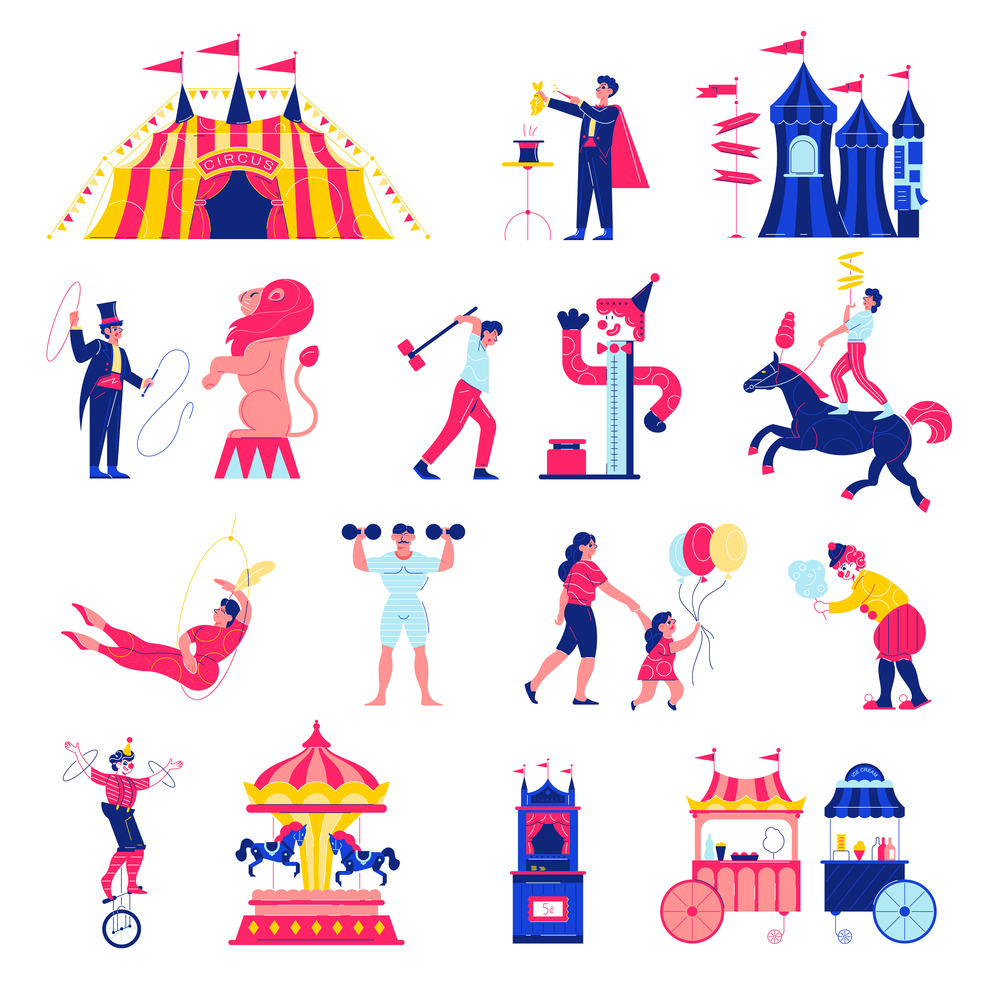 Circus funfair set with isolated icons of big top fairground rides market stalls and human characters vector illustration. Circus Funfair Icons Collection