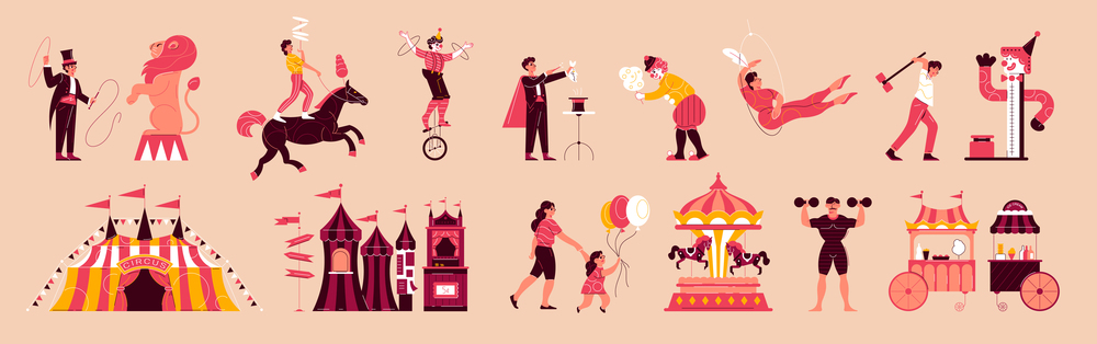 Circus funfair set with isolated icons of travelling circus big top and characters of visitors and performers vector illustration. Funfair Circus Icon Set