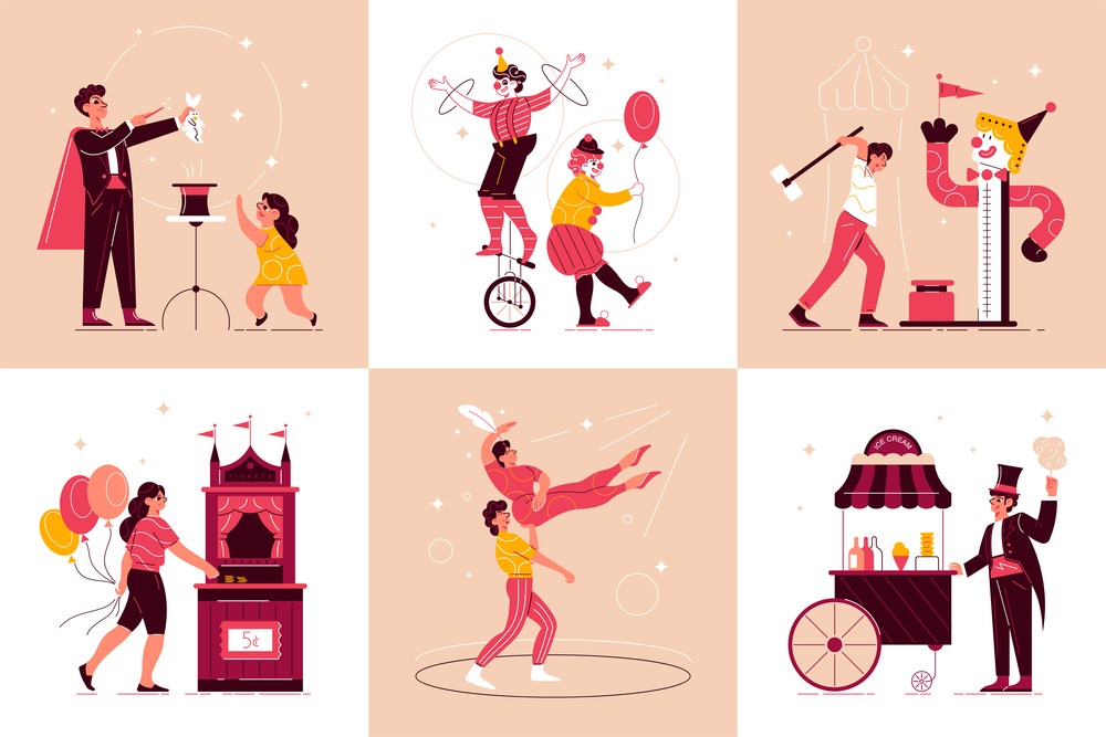 Circus funfair design concept with set of square compositions with characters of circus performers and visitors vector illustration. Circus Funfair Design Concept