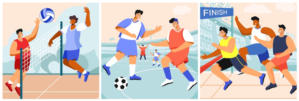 Sports stadium set of square compositions with outdoor landscapes and flat athlete characters in team uniform vector illustration. Sports Flat Compositions Set