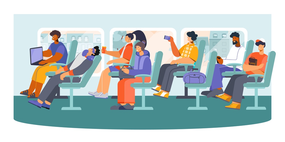 Public transport long distance bus passengers snoozing making photos messaging from phone pc flat composition vector illustration. Transport Bus Flat Composition