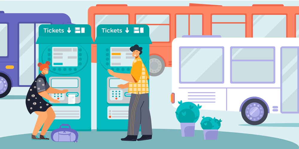Public transport self service ticket machine for bus tram flat composition with male female passengers vector illustration. Transport Ticket Flat Composition