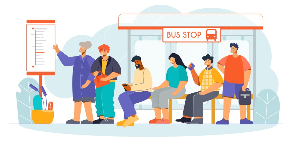 Public transportation service bus tram stop flat compositions with customer information departure board waiting passengers vector illustration. Public Transport Stop Flat