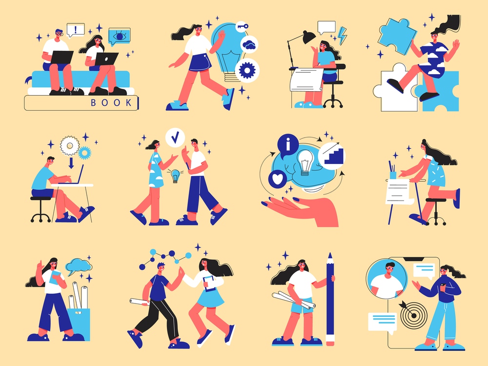 Team work flat icons set with people cooperating at office isolated vector illustration. Team Work Flat Set