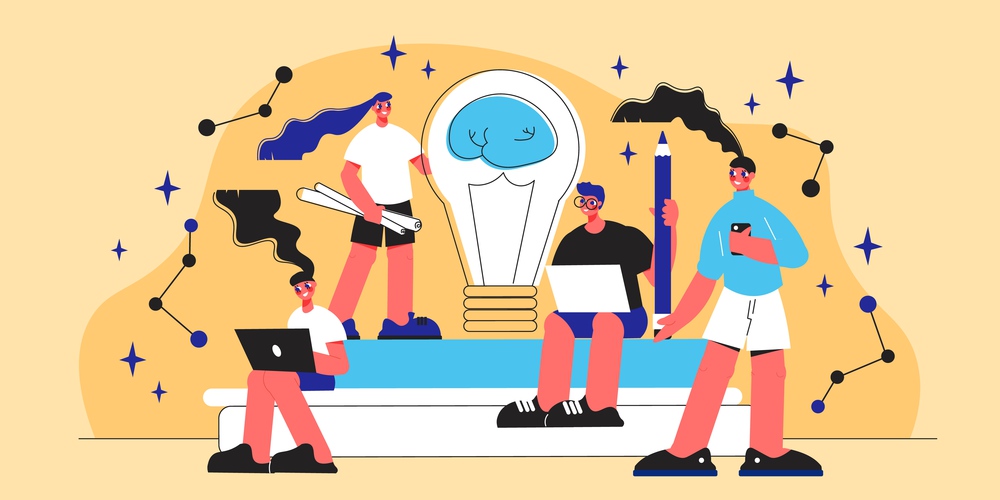 Team work flat concept with four smiling human characters and light bulb vector illustration. Team Work Flat Concept