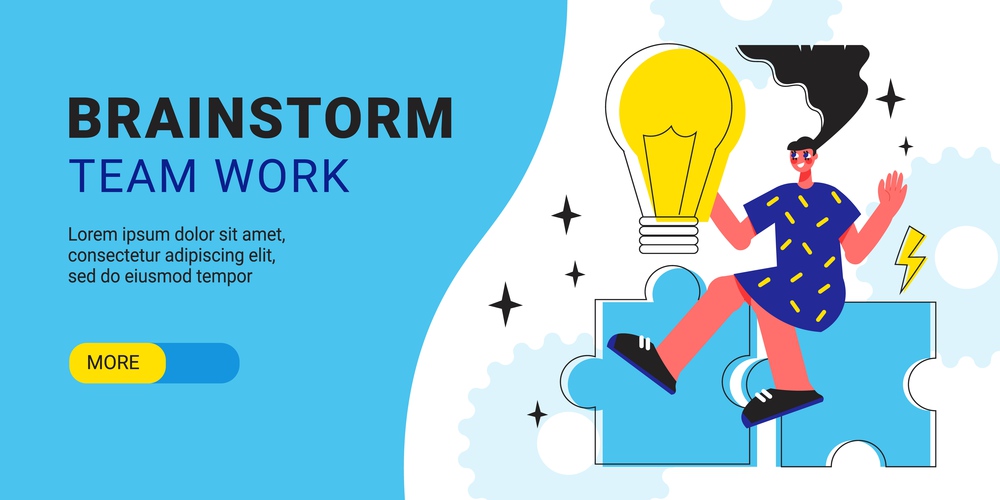 Brainstorm team work horizontal banner with creative young girl puzzle game elements and light bulb icons flat vector illustration. Brainstorm Team Work Horizontal Banner