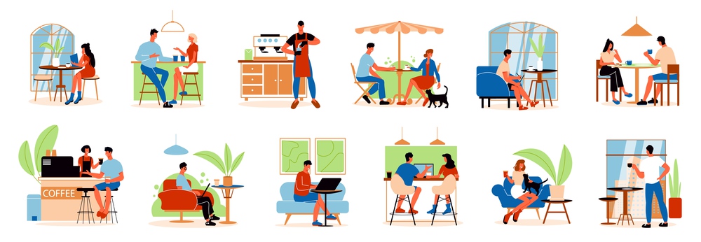 Cozy cafe interior icons set with barista and people drinking coffee flat isolated vector illustration. Cafe Interior Set