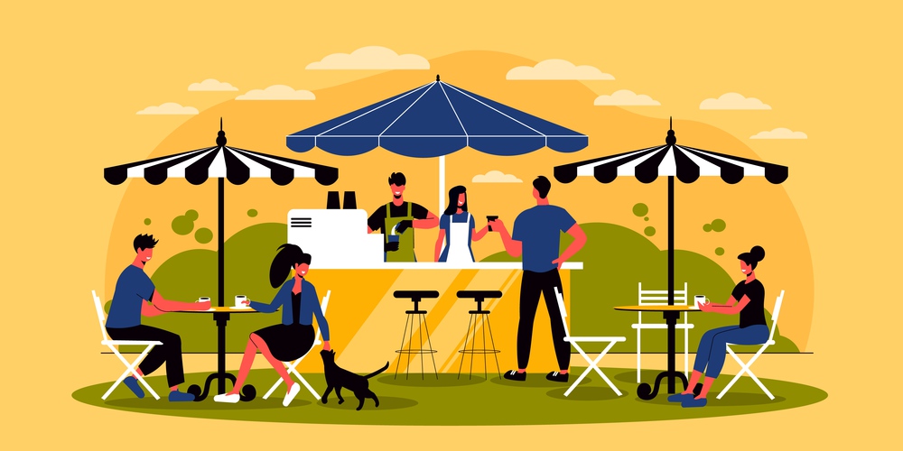 Coffeeshop outdoors horizontal vector illustration with visitors sitting at tables under umbrellas barista and barmaid standing near coffee machine. Coffeeshop Horizontal Illustration
