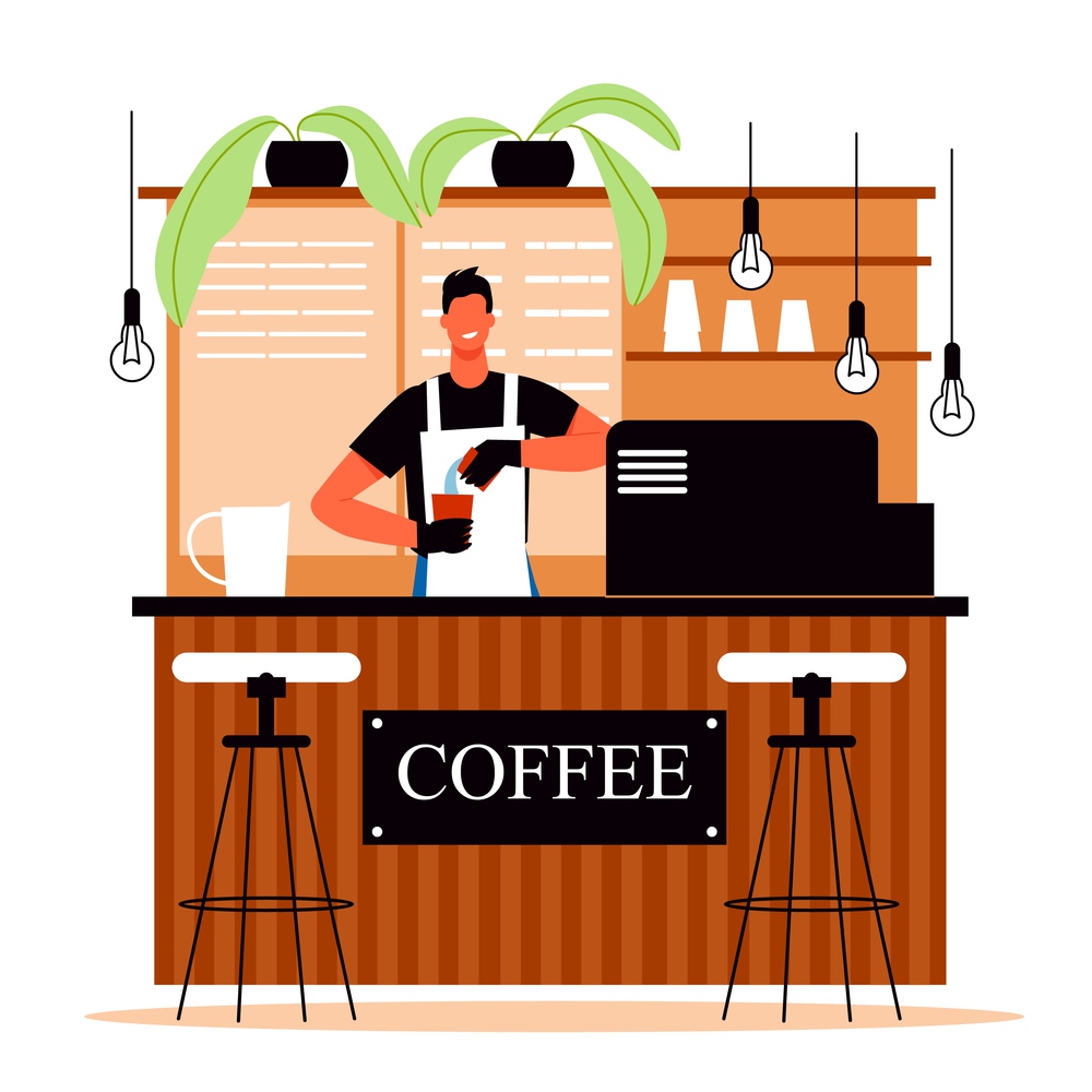 Coffee house flat background with bartender preparing drink at bar vector illustration. Coffee House Vector Illustration