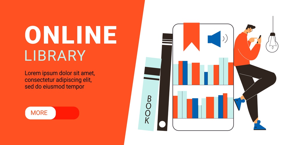 Online library app for reading horizontal banner with man holding smartphone with electronic book flat vector illustration. Online Library Horizontal Banner