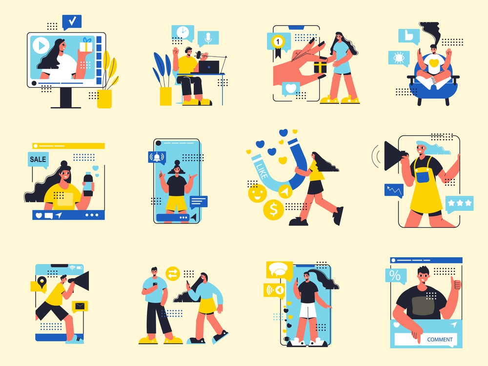 Influencer marketing color set of people representing new product by smartphone through personal social channels isolated flat vector illustration. Influencer Marketing Color Set