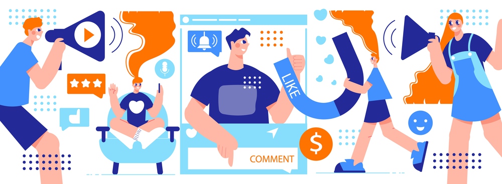 Influencer marketing horizontal vector illustration with young creative people with megaphone storytelling about goods to potential buyers. Influencer Marketing Horizontal Illustration