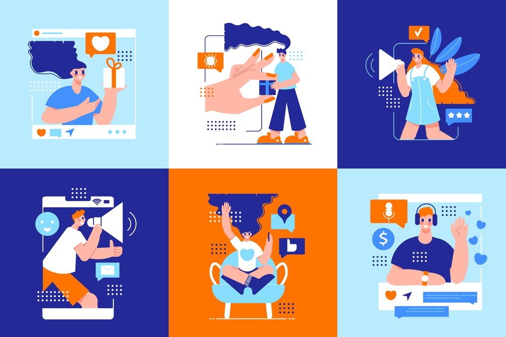 Influencer marketing six square icons with bloggers representing goods throw video post on its page flat vector illustration. Influencer Marketing Six Square Icons
