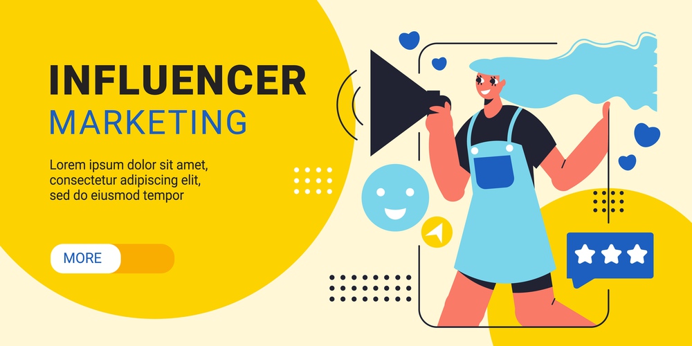 Influencer marketing horizontal banner with young girl with megaphone representing goods by smartphone app flat vector illustration. iInfluencer Marketing Horizontal Banner