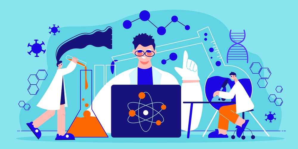 Science laboratory horizontal poster with scientists conducting scientific research and experiments flat vector illustration. Science Laboratory Horizontal Poster
