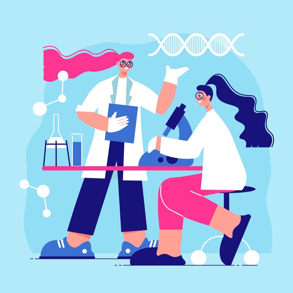 Science laboratory flat background with male and female cartoon characters at their workplace vector illustration. Science Laboratory Flat Background