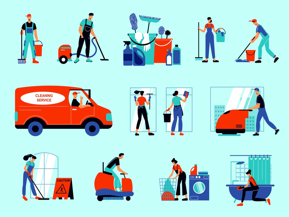 Cleaning service color icons set with staff doing removal of waste and cleaning premises isolated vector illustration. Cleaning Service Color Set
