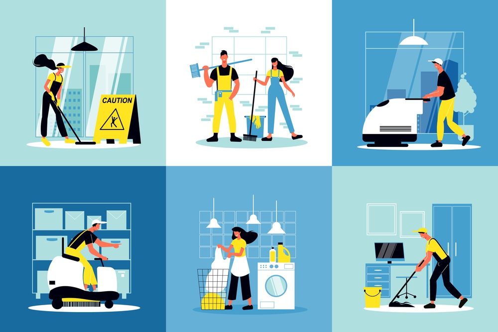 Cleaning service design concept with staff of cleaning company working indoor and outdoor flat vector illustration. Cleaning Service Design Concept