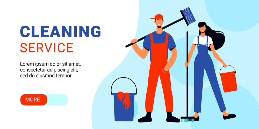 Cleaning service horizontal banner with couple of funny young people in uniform with mops and buckets flat vector illustration. Cleaning Service Horizontal Banner