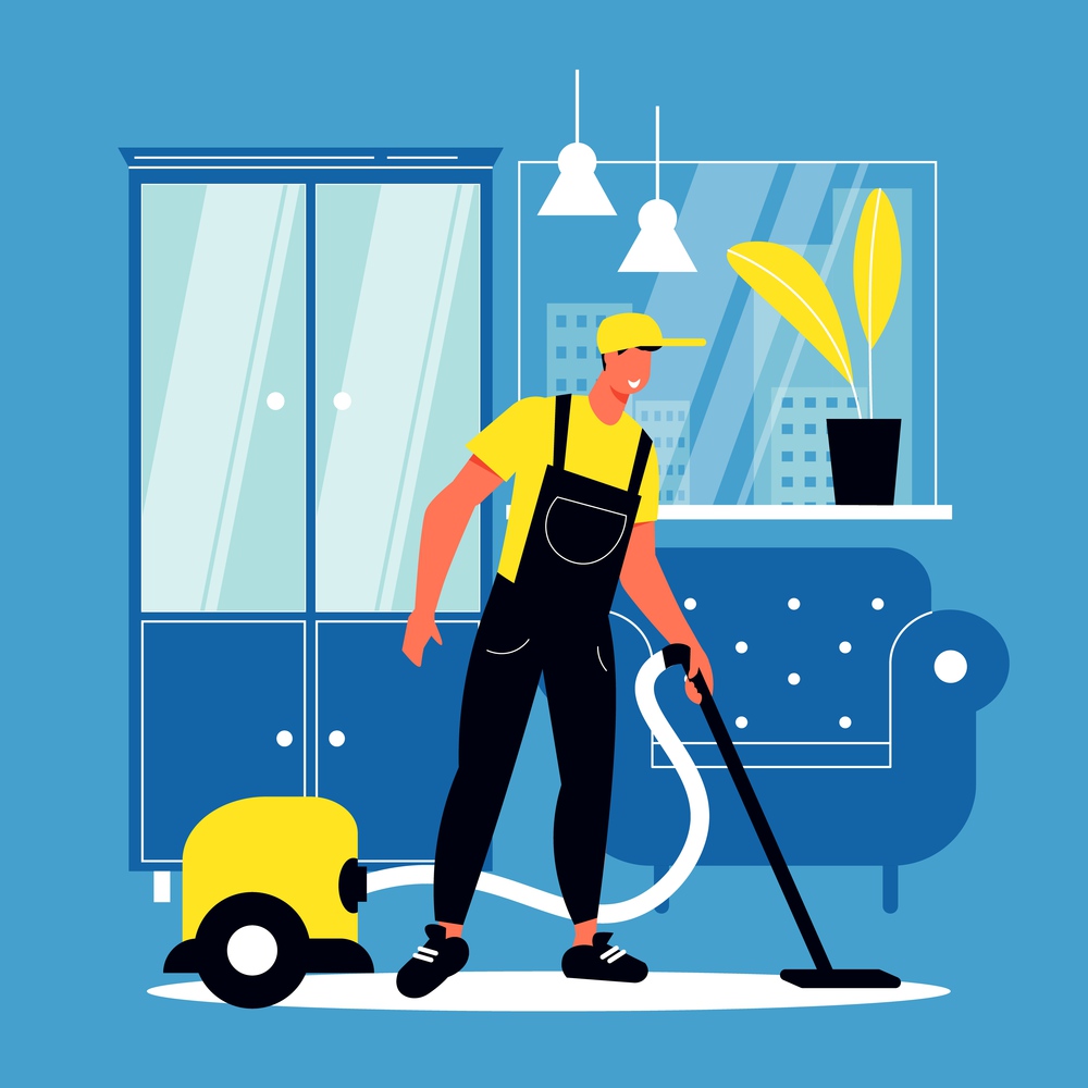 Cleaning flat poster with male employee of cleaning company in uniform working with vacuum cleaner in living room vector illustration. Cleaning Flat Poster