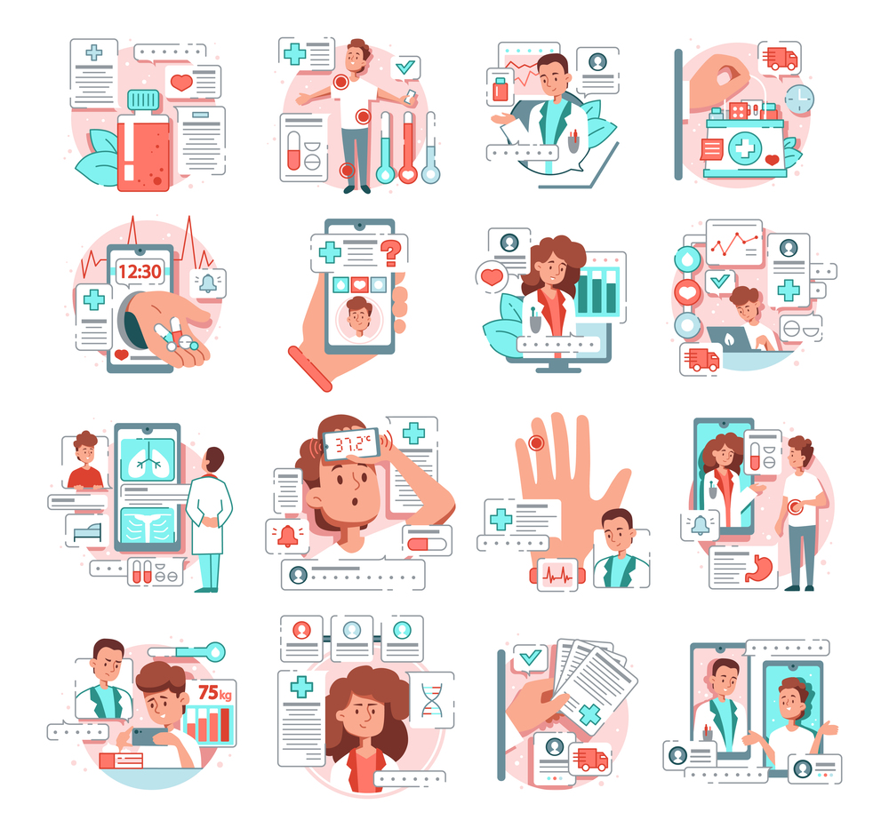 Telemedicine flat set patients have consultation with doctors online isolated vector illustration. Online Medicine Flat Set