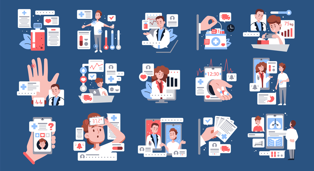 Online medicine video consultation flat color icons set isolated vector illustration. Online Medicine Set