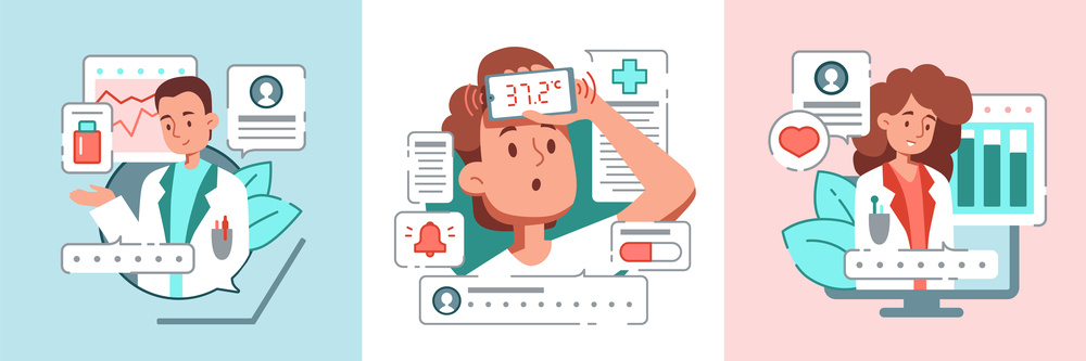 Online medicine design concept with two doctors and man feeling bad isolated vector illustration. Online Medicine Concept