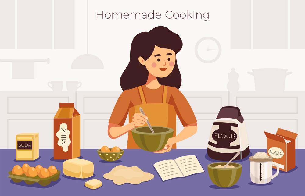 Homemade cooking background with young woman standing at table with ingredients preparing baked goods according to recipe flat vector illustration. Homemade Cooking Vector Illustration