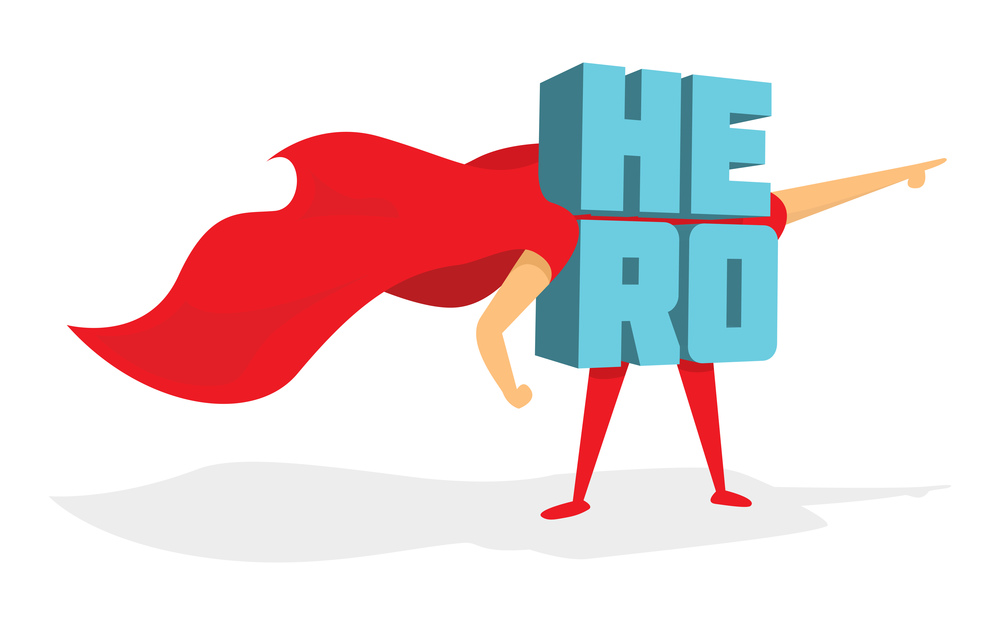Cartoon illustration of super hero word with cape