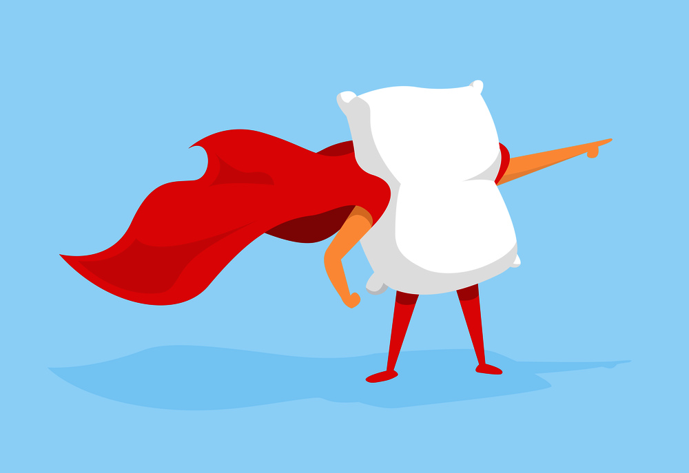 Cartoon illustration of super pillow hero with cape