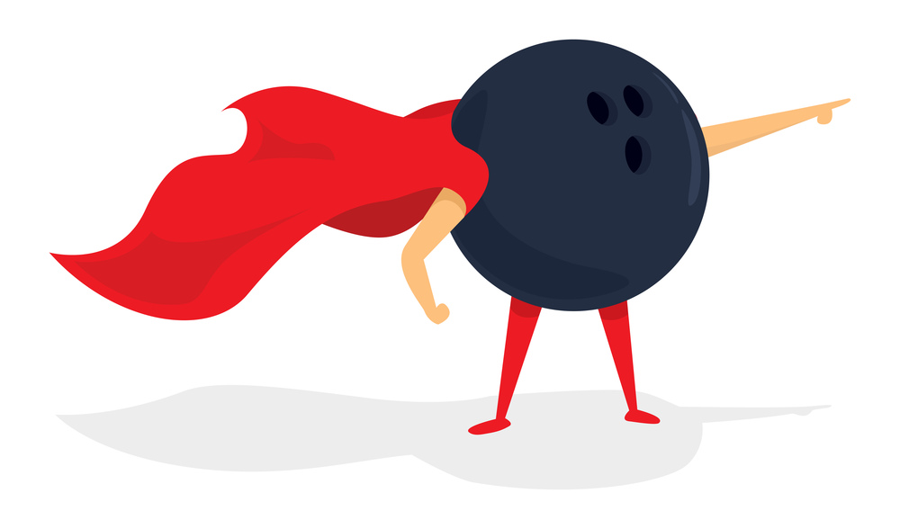 Cartoon illustration of super bowling ball hero with cape