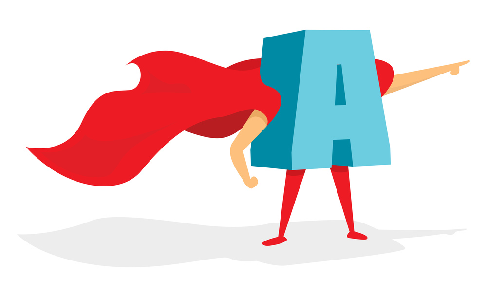 Cartoon illustration of brave letter super hero with cape