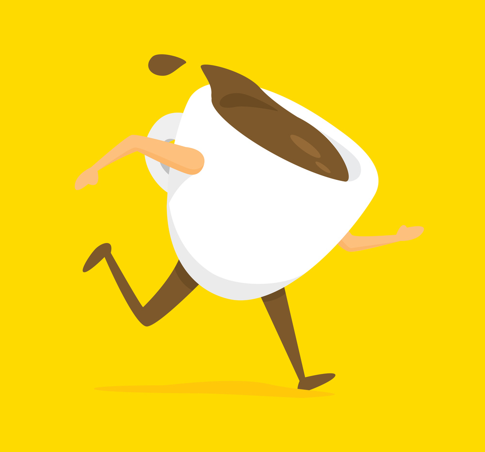 Cartoon illustration of cup of coffee to go running