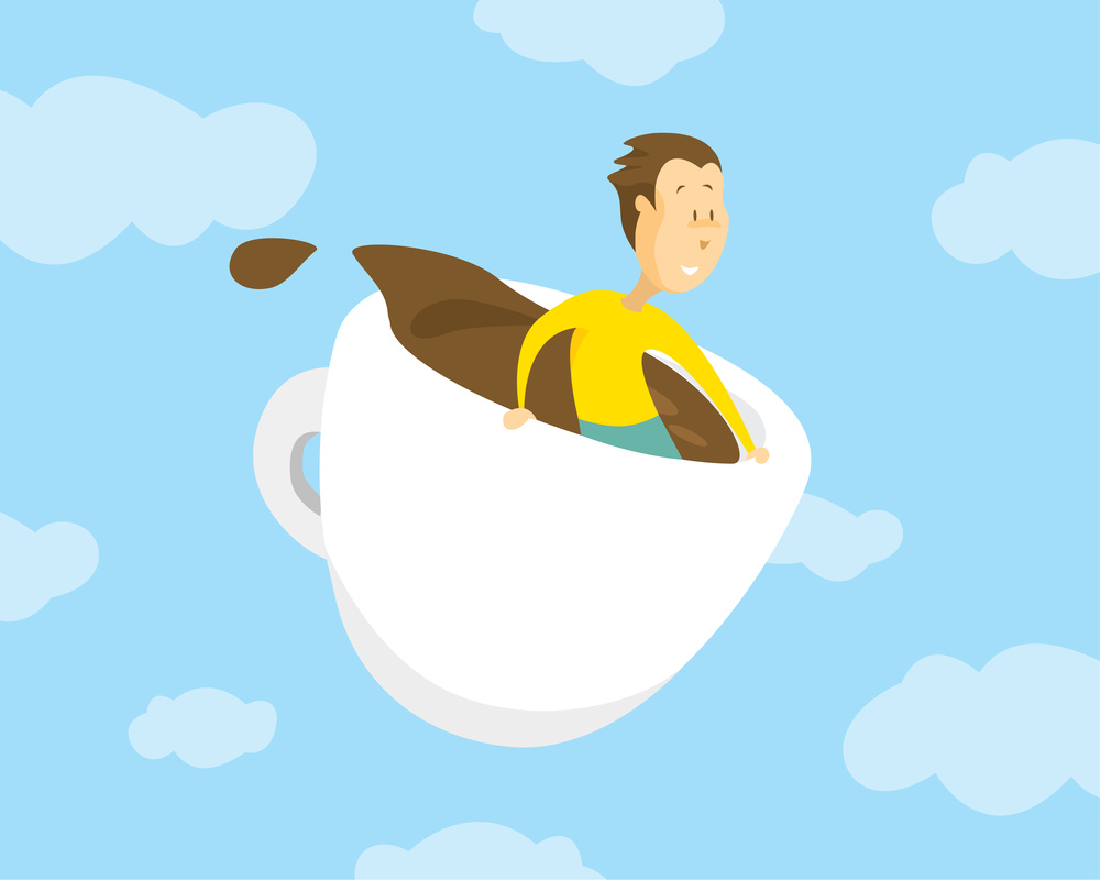 Cartoon illustration of man flying breakfast in huge cup of coffee