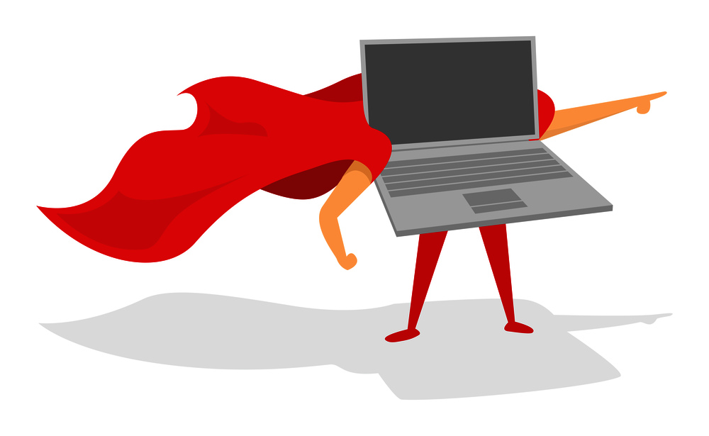 Cartoon illustration of laptop or computer super hero with cape