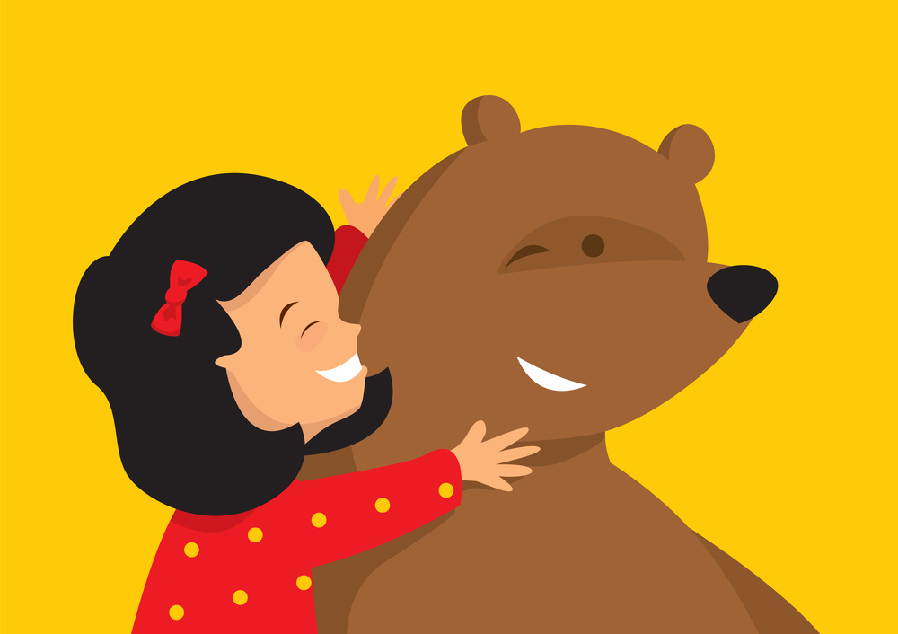 Cartoon illustration of sweet girl hugging a huge bear