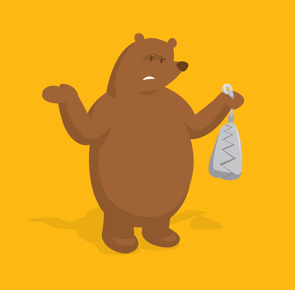 Cartoon illustration of big bear holding a trap