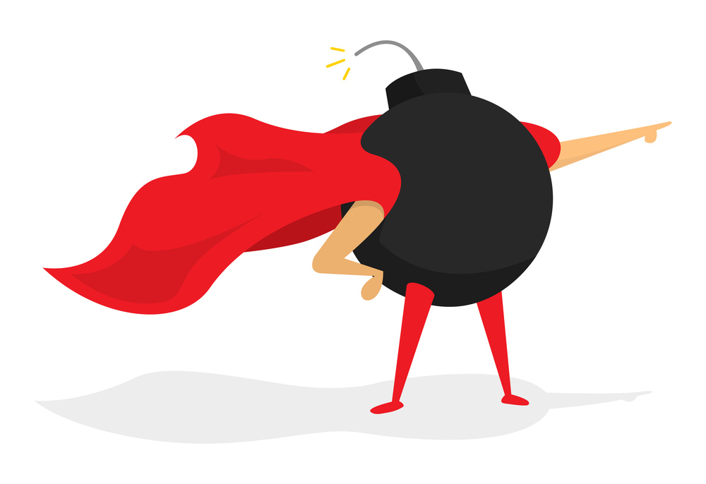 Cartoon illustration of classic bomb super hero standing with cape