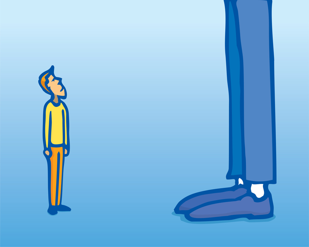 Cartoon illustration of huge contrast between small man and giant