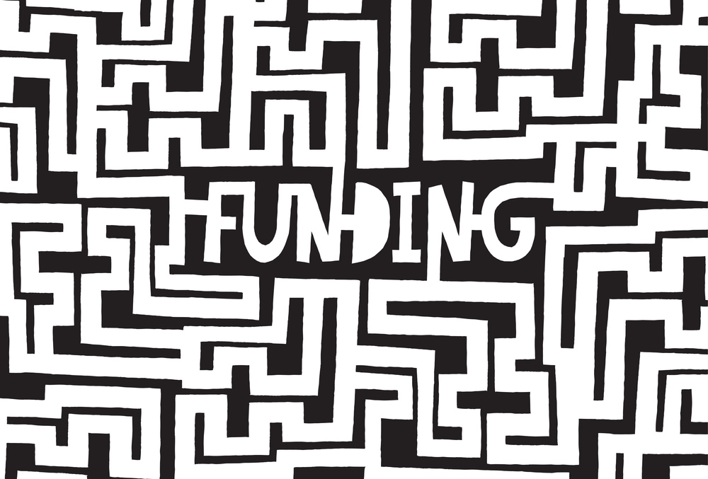 Cartoon illustration of complex funding word on maze