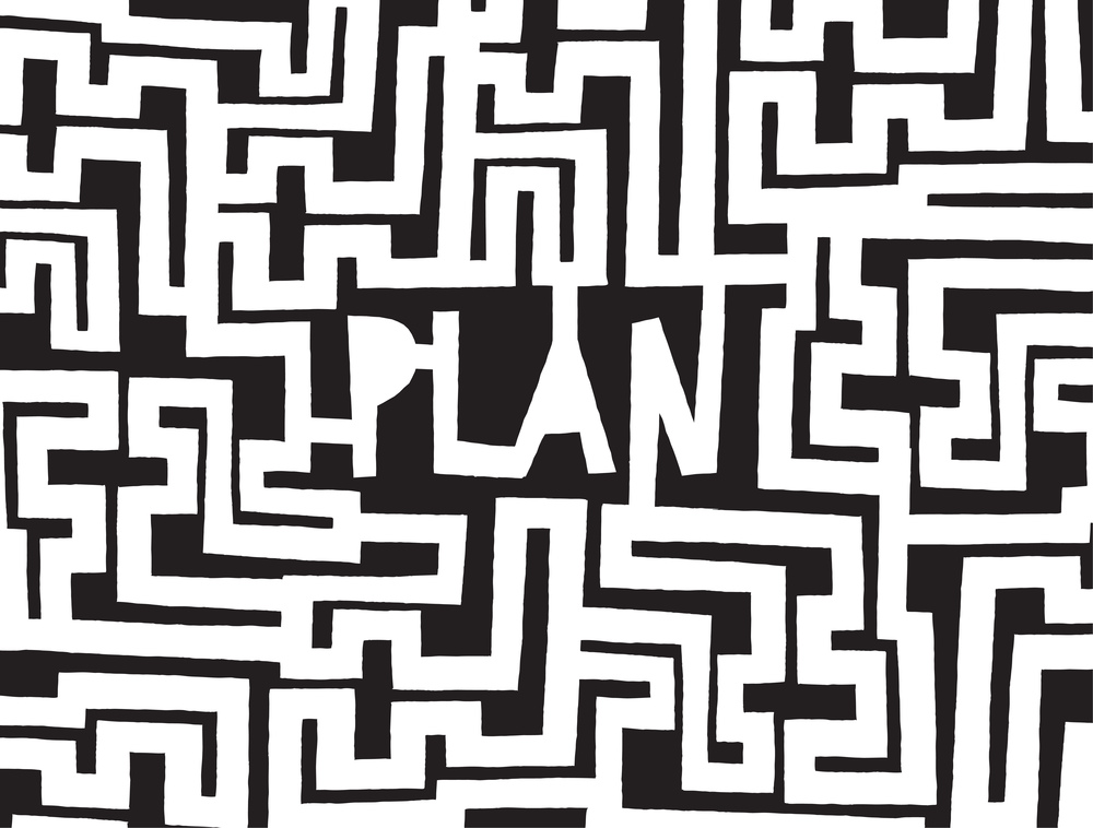 Cartoon illustration of complex maze or plan