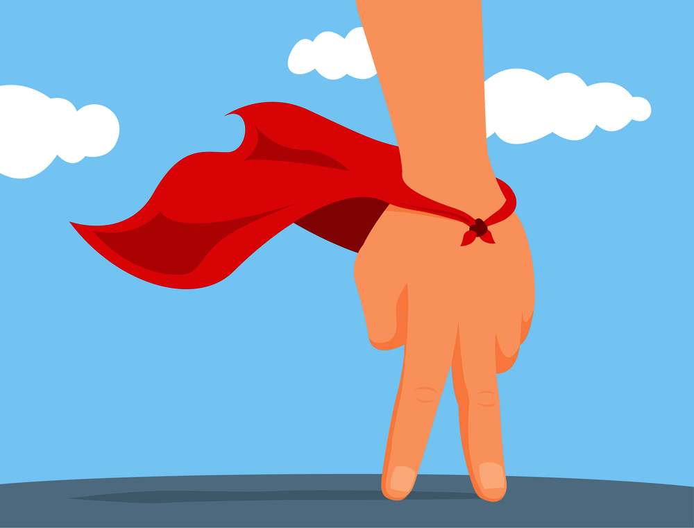 Cartoon illustration of playful hand super hero with cape