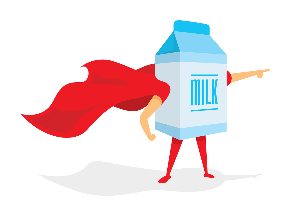 Cartoon illustration of milk super hero standing with cape