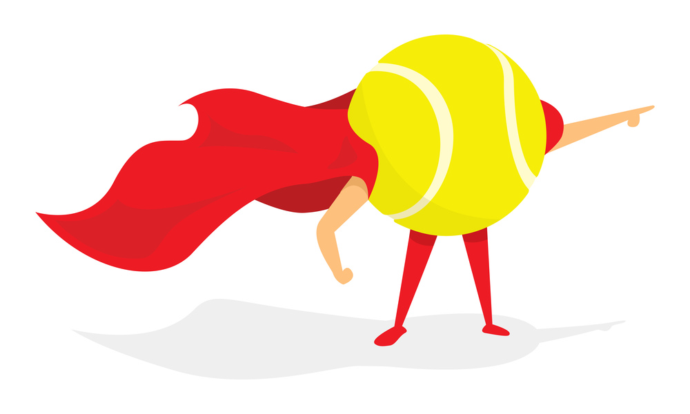 Cartoon illustration of tennis ball super hero with cape