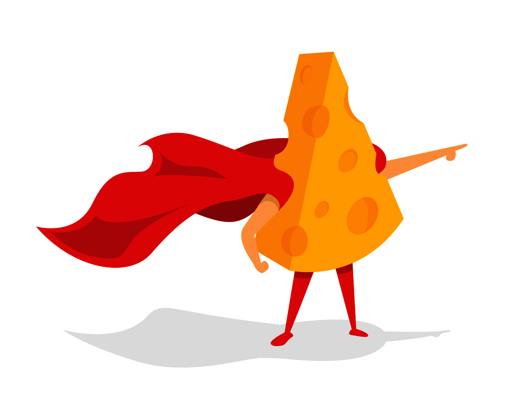 Cartoon illustration of cheese super hero with cape