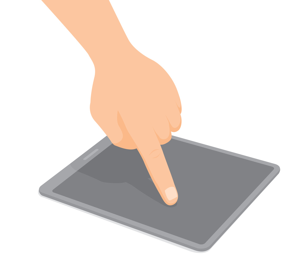Cartoon illustration of hand and finger using tablet