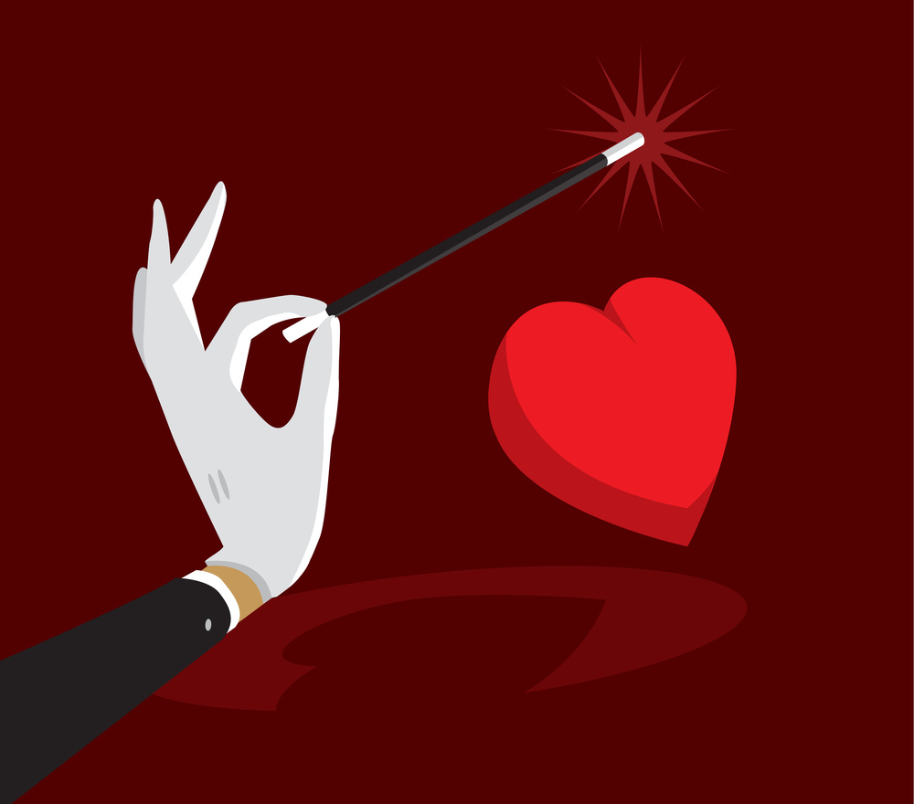Cartoon illustration of magic wand enchanting heart