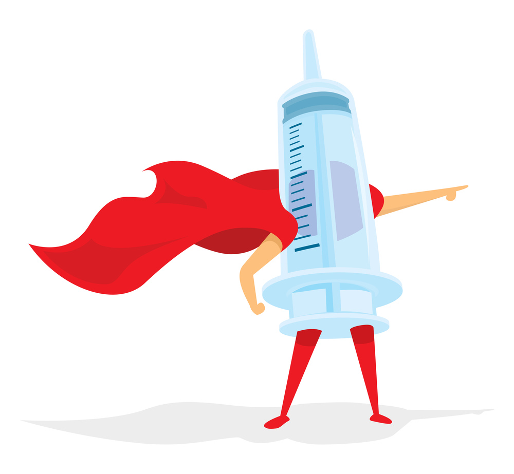 Cartoon illustration of syringe super hero saving the day