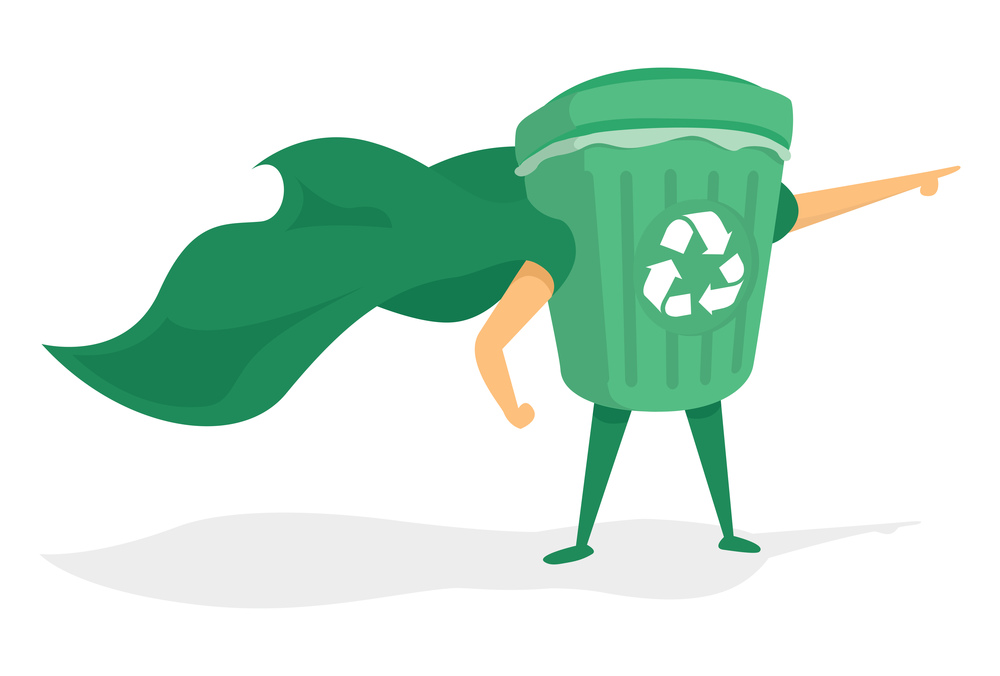 Cartoon illustration of green super recycling hero saving the day